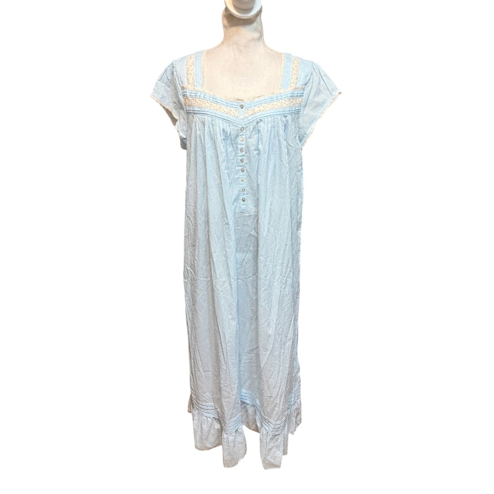 Eileen West Nightgown Womens Large Blue White Striped Swiss Dot Lace Trim Long